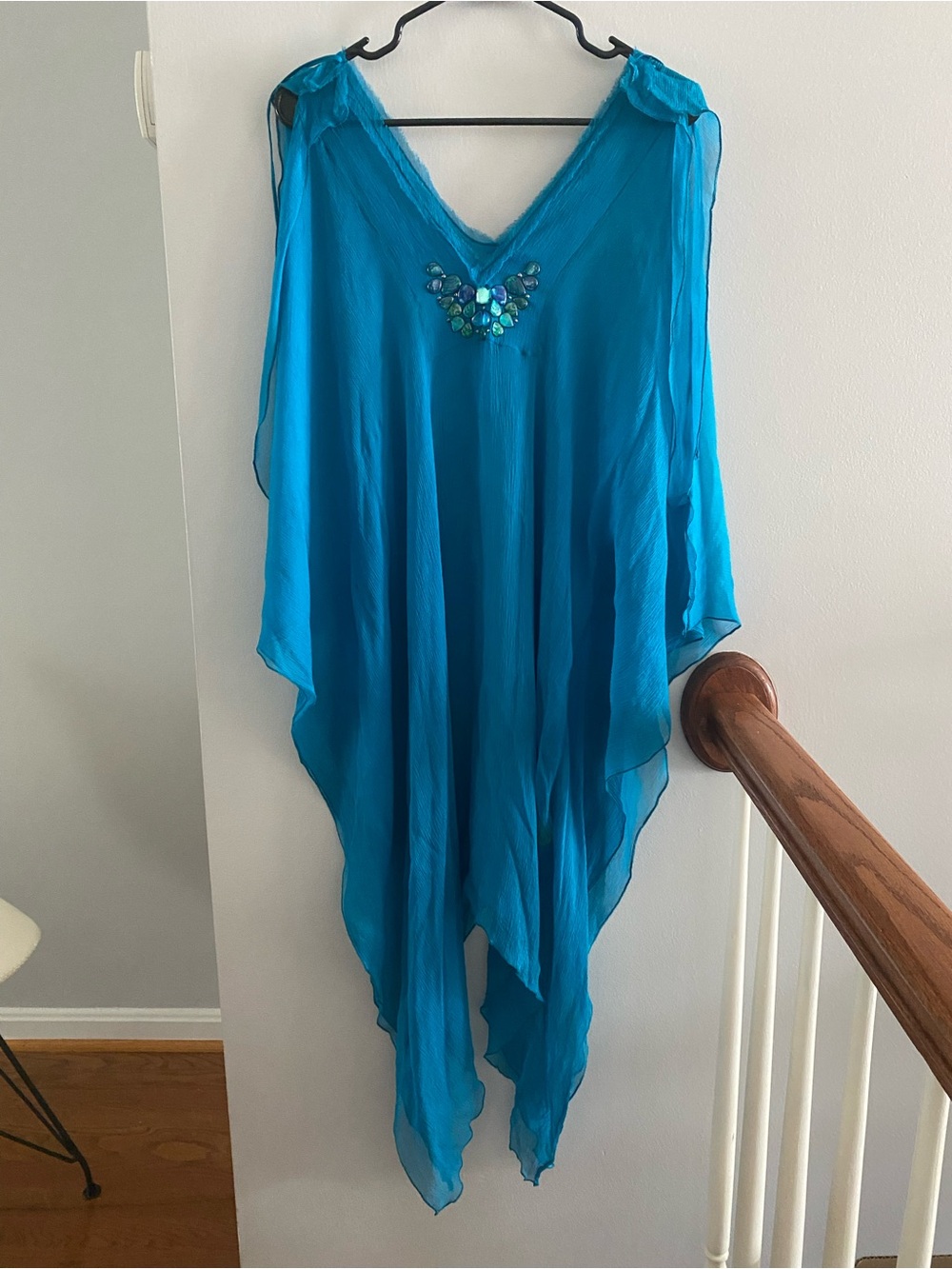 D Exterior 100%Silk Turquoise Blue Sheer Beaded V-Neck Tunic